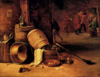 An Interior Scene With Pots Barrels Baskets Onions And Cabbages